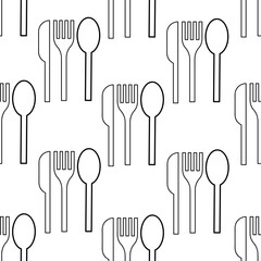 Black and white set of kitchen utensils. Cutlery seamless pattern. Fork, spoon and knife.