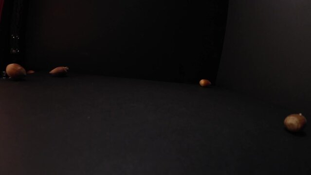 4K slow motion of Hazelnuts falling on a black floor