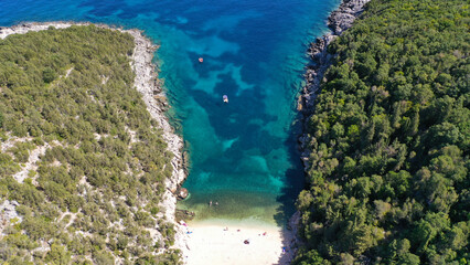 Aerial drone photo of secluded paradise beach of Dafnoudi one of the most beautiful on the island of Kefalonia, Ionian, Greece