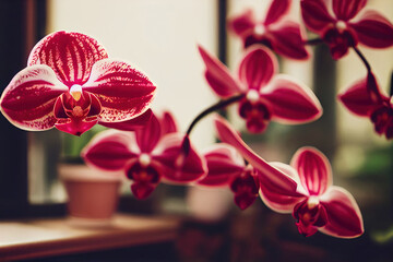 Close up view of a beautiful miniature red phalaenopsis orchid plant in bloom.