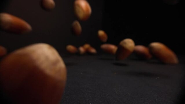 4K Macro view in slow motion of Hazelnuts falling in a black environement