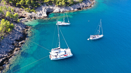 Aerial drone photo of beautiful colourful and picturesque small fishing coastal village of Assos in island of Kefalonia, Ionian, Greece