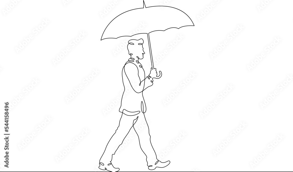 Poster one continuous line. man with umbrella in the rain. one continuous line on a white background.