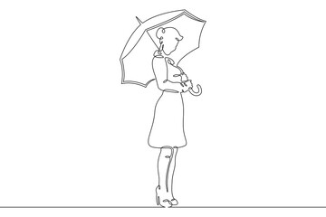 One continuous line. Woman with an umbrella in the rain. One continuous line on a white background.