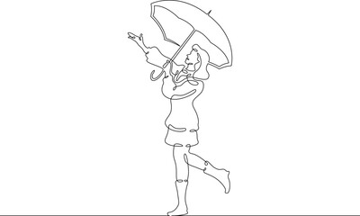 Fototapeta na wymiar One continuous line. Woman with an umbrella in the rain. One continuous line on a white background.