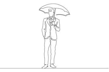 One continuous line. Man with umbrella in the rain. One continuous line on a white background.