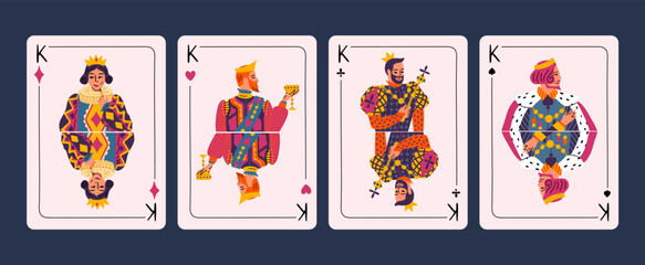 Cartoon Color Four Kings Figures from Deck of Playing Cards Set Concept Flat Design Style. Vector illustration
