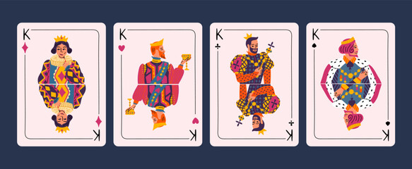 Fototapeta premium Cartoon Color Four Kings Figures from Deck of Playing Cards Set Concept Flat Design Style. Vector illustration