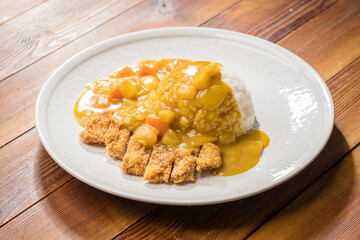 Curry pork chop rice on monochrome background