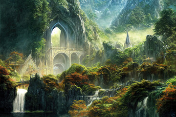 AI generated image of a large Elven or Elvish city with arches, marble palaces, waterfalls and vegetation 