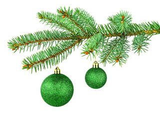 Christmas tree and two green shiny toys. Monochrome. Isolated spruce branch and holiday decor on...