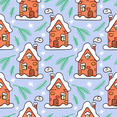 Christmas colorful houses with snow, vector seamless pattern in the style of doodles, hand drawn