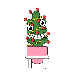 Christmas cactus decorated with garland and ornaments isolated on white. Hand drawn vector illustration isolated on white. Weird cartoon style tropical plant in pot.