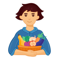 Vector illustration guy with a basket of vegetables after good autumn harvest.