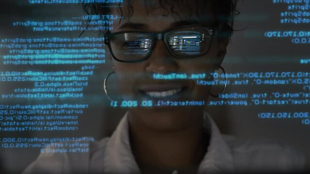  Programer Eyes With Latest Innovative Sophisticated Technology Display Application With Augmented Reality Holograms. Multiple Layers of Program Code Appearing