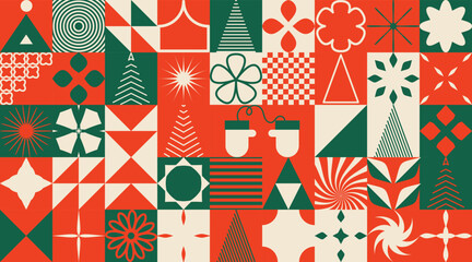 Ornate Bauhaus Inspired Christmas Background. Trendy Winter Holidays art templates.