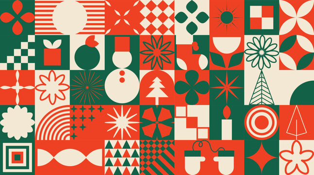 Ornate Bauhaus Inspired Christmas Background. Trendy Winter Holidays art templates.