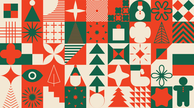 Ornate Bauhaus Inspired Christmas Background. Trendy Winter Holidays art templates.