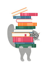 Reading. Cat holding stack of books. Children education, library, literature illustration. Vector illustration.