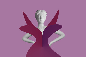 Young woman in a festive elegant dress headed by antique female statue isolated on a purple background. Trendy collage in magazine surreal style. Contemporary art. Modern design. Beauty and fashion