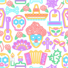 Day of the Dead Neon Seamless Pattern. Illustration of Holiday Promotion.