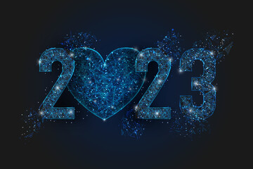 Abstract isolated blue image of new year number 2023. Polygonal low poly wireframe illustration looks like stars in the blask night sky in spase or flying glass shards. Digital web, internet design. © Katsiaryna