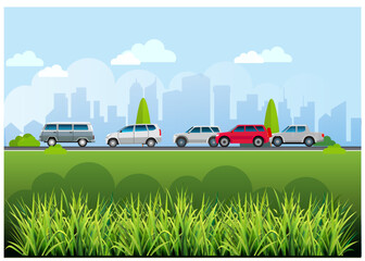 Vector illustration, car traffic atmosphere on the highway, with grass in the foreground.
