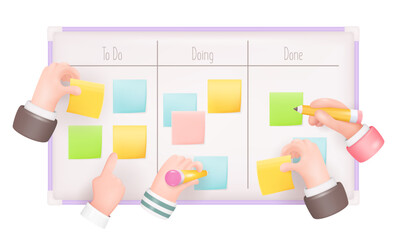 Kanban Board with Color Sticky Notes and Writing Hands. Scrum Board, Teamwork Concept. Agile Methodology 3D Vector Illustration - 544164086