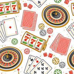 Vector Gamble seamless pattern, square repeat background with illustration of flat lay european roulette wheel, colorful casino coins, red gambling cubes on white background, wrapping paper for casino © mihmihmal