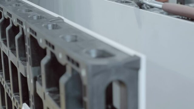 The new technological formwork used in modern house construction makes it possible to produce very even walls with ideal angles and dimensions. Shot in motion. Closeup