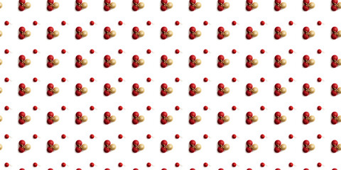 Seamless pattern with red and golden Christmas toy balls on a white background. Christmas texture. Holiday design mockup concept. Poster wallpaper. Festive banner. Template. New year greeting card