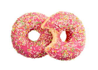 Two donuts decorated with colorful sprinkles isolated on white background