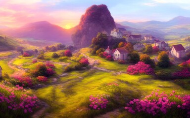 A beautiful flowering valley with stone houses against the backdrop of a beautiful sunset and mountains. Magic calming scene. Natural wallpaper. Digital painting illustration.