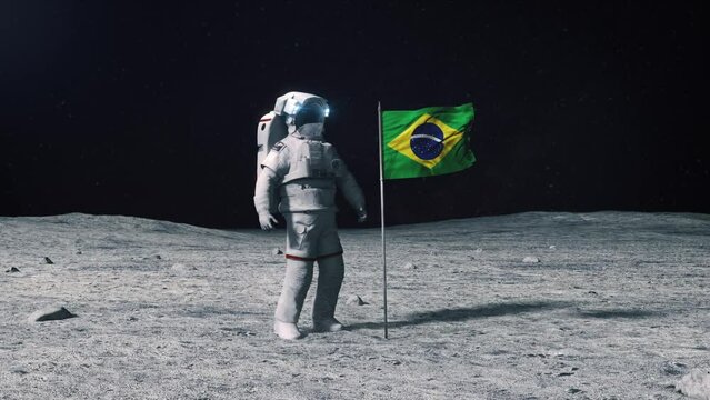 Astronaut in outer space on the surface of the moon. Planting Brazil, Brazilian flag.