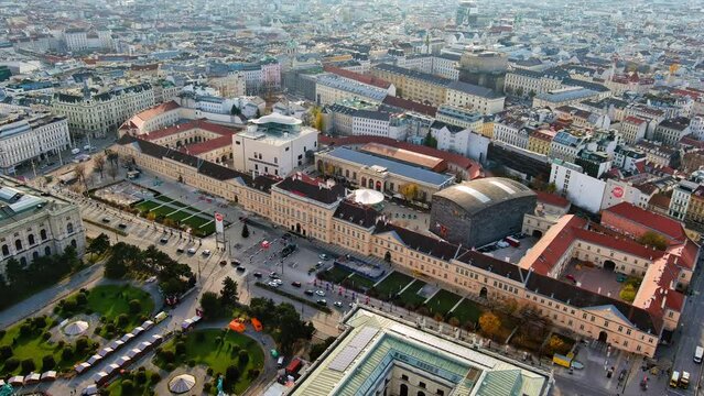 The Museumsquartier Vienna aerial view, baroque district and restored area of historic, modern buildings containing many of the city's finest museums, Kunsthalle Wien, Leopold Museum, Mumok, Austria