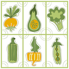 Collection of decorative abstract and doodle elements about: vegetables, onion, avocado, broccoli, zucchini, turnip, peas. Vector illustration.