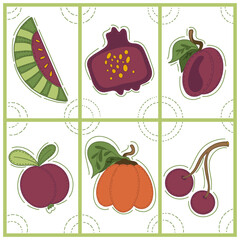 Collection of decorative abstract and doodle elements about: fruits and vegetables, watermelon, pomegranate, plum, mangosteen, pumpkin, cherry. Vector illustration.