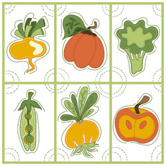 Collection of decorative abstract and doodle elements about: fruits and vegetables, turnip, pumpkin, broccoli, peas, onion, apple. Vector illustration.