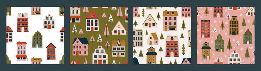 Merry Christmas and Happy New Year set of seamless pattern with various tiny houses. Modern hand draw illustrations. Colorful contemporary art
