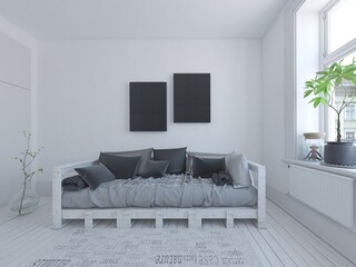 Mock up a modern living room with a brown sofa and a stylish lamp.	
