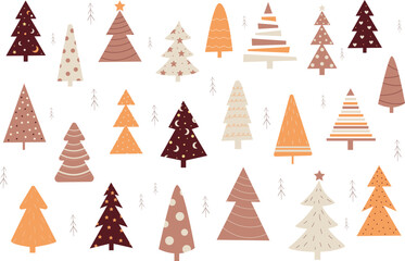 Set of christmas trees in boho style. Flat new years trees in orange, beige and purple colors. © Vladyslav