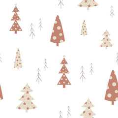 Seamless pattern with christmas trees in boho style. Flat new years trees in beige color.