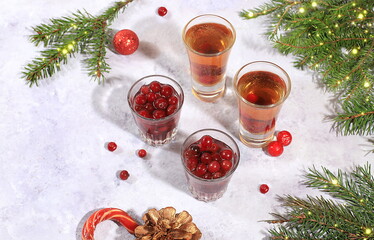 Strong alcoholic cocktails of vodka with cranberries, mulled wine with cinnamon and spices, warming winter drink, bar concept, christmas festive grog, winter composition with decorations, 