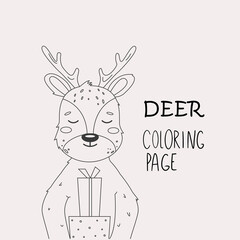 Cute christmas deer coloring page for kids animal outline reindeer coloring book cartoon vector illustration isolated on white background