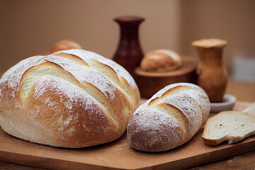 fresh bread is lying on a wooden board