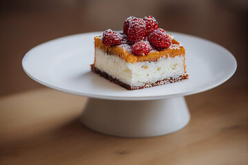 a piece of cake with fruit is lying on a white plate