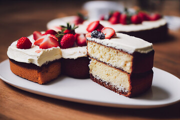 cake with fruit  is lying on a white plate