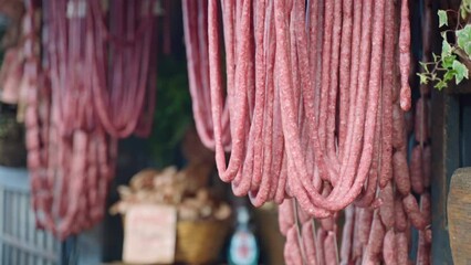 Traditional Italian dried sausages and salami on local store showcase, delicious homemade meat products of high quality on local butchery counters, Italian local gastronomy, products for tourists