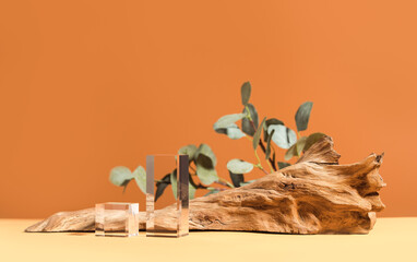 Empty glass stage for product presentation on natural background. Cosmetic or beauty product...