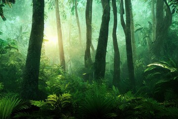 think dark green jungle with high trees and many different big and small leaf plants during sunset or sunrise, generative ai